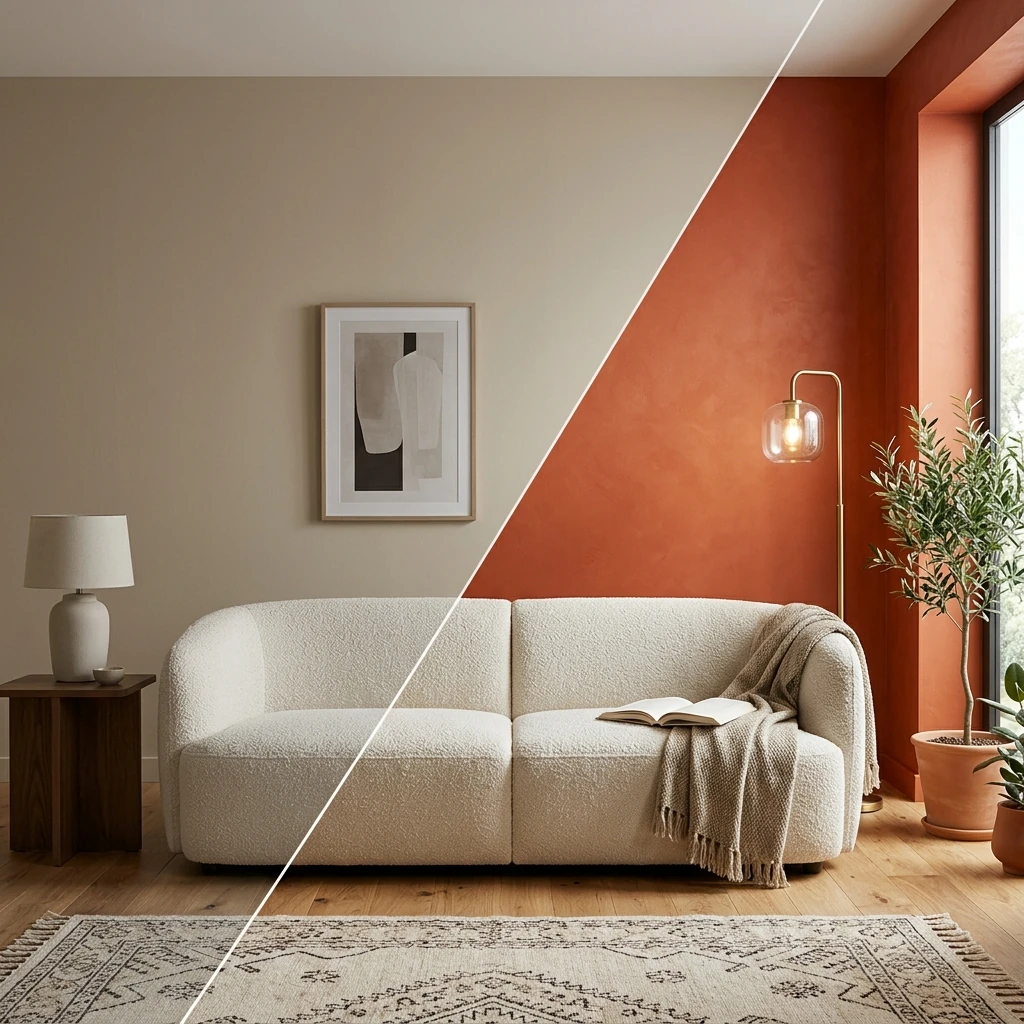 One living room, half in soft beige and half in terracotta