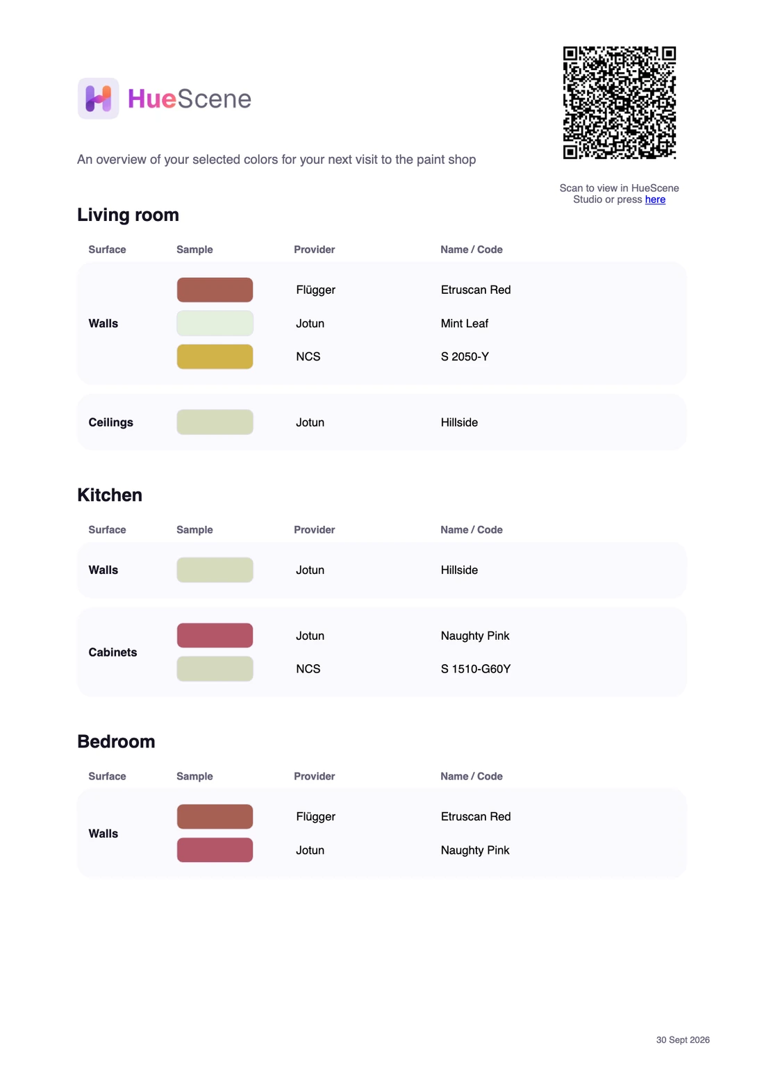 A sample HueScene PDF: the paint colors for a living room, kitchen and bedroom, grouped by surface, each with its brand and name or code, and a QR code in the corner.