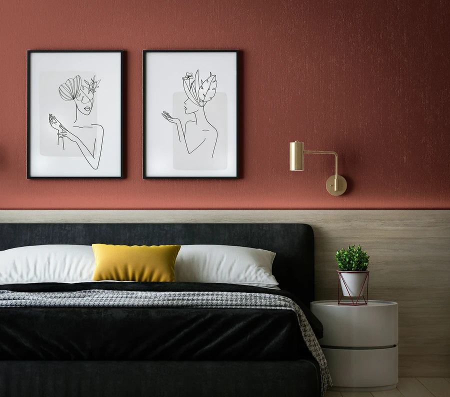 A bedroom with Etruscan Red walls