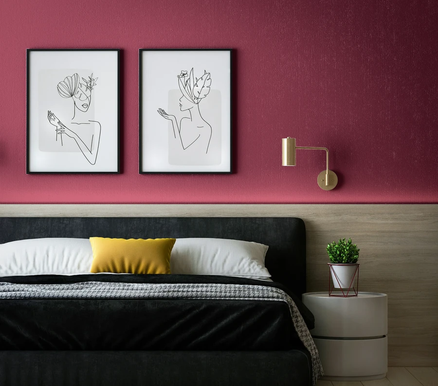 A bedroom with Naughty Pink walls